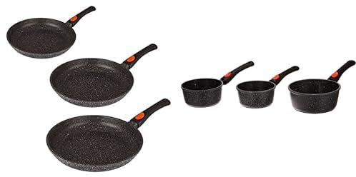 KAMBERG 0008019 Manche Amovible, Fonte d'Aluminium, Revêtement type pierre, Tous feux dont induction, Sans PFOA, Poêles 20/24 / 28 cm, Lot de 3 & 0008038 - Set 3 Casseroles 16/18 / 20 cm