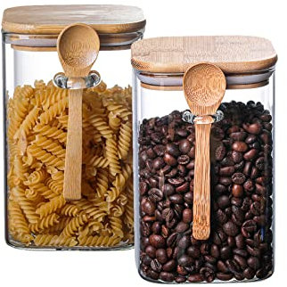 Hniuyun Glass Jars With Bamboo Lids and Spoon, 2Pcs Set of Airtight Food Storage Containers, Glass Storage Jars for Pantry Storage and Kitchen Organization