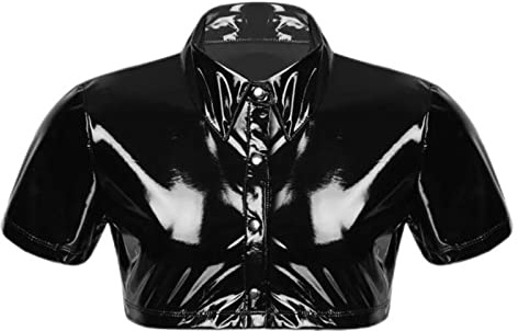 WEITING Men Sexy Smooth Leather Short Sleeve Shirt Shapewear Latex Top Casual T-Shirt Shiny Cropped Leather Jacket-Shiny leather,L