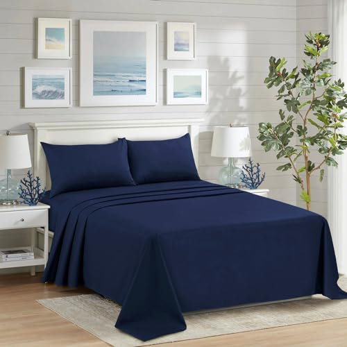 HADI LONDON Polycotton Flat Sheets for Single Double King Size Bed Softest Anti Wrinkle Non-Iron Plain Dyed Top Sheet with 200 Thread Count Ideal for Winter & Summer Bedding (Navy-Blue, Double)