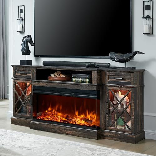 OKD 3-seitiger Glas-Kamin-TV-Ständer für Fernseher bis 203,2 cm, Highboy-Unterhaltungszentrum mit Glastür-Aufbewahrungsschrank, 178,8 cm großer TV-Ständer mit 91,4 cm elektrischem Kamin, dunkle