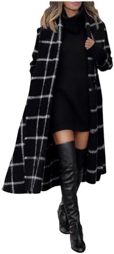 Yolimok Trench Coupe-Vent En Laine Femme,Trench Coat à Carreaux Chaud Long Veste à Manches Longues Automne Hiver,Jacket Manteau à Revers,Manteau Laine Femme Longue Chaud Veste Slim Pardessus