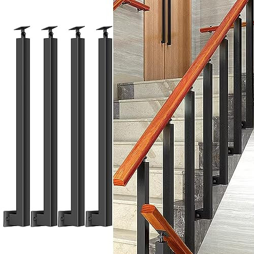 Poteaux De Balustre D'escalier Carrés - Broches De Garde-Corps En Métal Réglables à 270° Avec Base De Support Plat Et Kits De Vis; Les Poteaux En Fer Noir Conviennent à La Terrasse