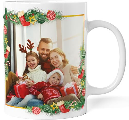 Caribu design Tazza Natale Personalizzata con Foto e Testo Scritta - Idea Regalo Famiglia Coppia Amici Marito Moglie Fidanzato Fidanzata - Messaggio Auguri Personalizzabile