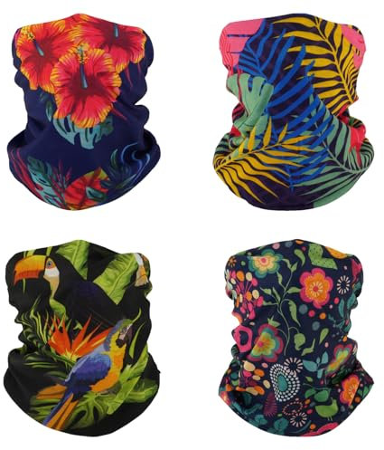 SMEHCF 4 Bandanas Polyvalents pour Femmes Hommes Bandeau Cagoule Cheveux Foulard Visage Demi Masque Cache-Cou Respirant Réutilisable Lavable Hibiscus Perroquet Monstera Dessin