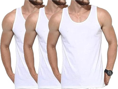 COSHAL® 3 Men's Cotton Vests Tank Tops White Sleeve-Less Plain Undershirts Out Door Breathable Slim Fit Summer Top Vest Everyday Athletic wear, Easy Fit Dry-Fit Workout Shirts White 4XL