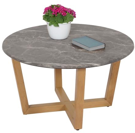 Mendler Couchtisch HWC-M61 Massiv-Holz Marmor/Stein-Optik, helles Gestell | Beistelltisch, Sofatisch, HDF Laminat Melamin Ø80cm