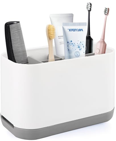Portacepillos de Dientes, en Gris, con Soporte para Cepillo de Dientes eléctrico y Gran desagüe, Base Antideslizante de plástico, Adecuado para el baño y familias (18×12×9.8 cm)