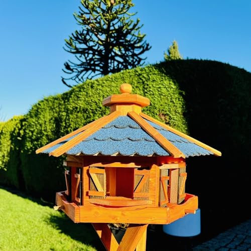DARLUX handgefertigtes Sechseck Vogelhaus aus Holz wetterfest XL mit und ohne Ständer, Futterhaus, Futterhäuschen, Bitumschindel Dach (Blau - Braun, XL ohne Ständer)
