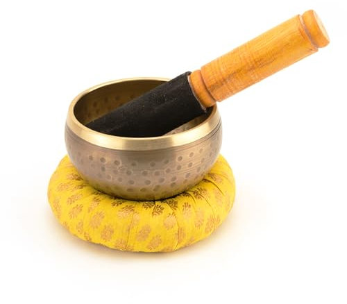 SANKAL – Cuenco tibetano 7 metales – Conjunto de cuenco tibetano hecho a mano para meditación con accesorios: cojín, mazo y bolsa. Grabado de Buda y Mantra. (10 cm)