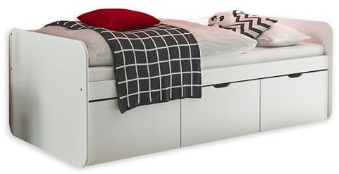 EINO Modernes Einzelbett mit 3 Schubkästen 90 x 200 cm - Praktisches Jugendzimmer Kojenbett in Weiß - 105 x 70 x 205 cm (B/H/T)