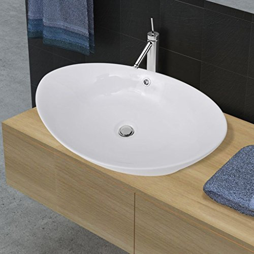 Tidyard Lavabo Ovale en Céramique avec Trop Plein 59 x 38,5 cm, Évier de Comptoir, Vasque à Poser, Lavabo de Salle de Bain pour Toilette, WC d'invités