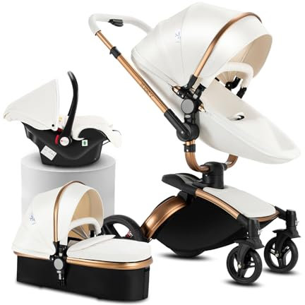 Reenborn PU-Leder Kinderwagen 3 in 1, Buggy mit Verstellbarem Sitz 360° Drehbar, Kinderwagen Rahmen Aluminiumlegierung, Kinderwagen 3 in 1 Komplettset Ein-Klick-Faltdesign Hohe Landschaft (906 White)