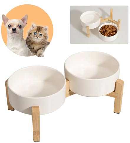 Comedero Perro Elevado Comedero Perros - Comedero y Bebedero Perro Ceramica - Cuenco Perro Doble con Soporte de Bambú - Platos para Perros - Bol Comida y Agua para Gatos y Perros Pequeños - 2 x 480 ml