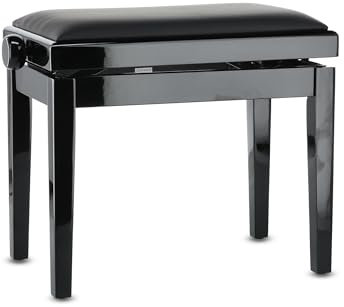 GEWA Pianobank Deluxe Vinyl - Schwarz Hochglanz - Massivholz - Vinyl Sitzbezug - 52x30cm Sitzfläche - Höhenverstellbar - Hochfeste Fixierung - 2t Bruchlast