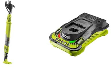 Ryobi OLP1832BX 18V ONE+ Cordless 0.85m Bypass Lopper (Body Only), Green & RC18150 18V ONE+ Cordless 5.0A Battery Charger, Hyper Green/Grey