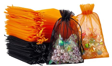 STARUBY 100 PCS Schwarz und Orange Organzasäcke 10 x 15 cm 2 Arten von Farbe Organzabeutel Geschenkbeutel Kordelzug Geschenkbeutel Mesh Bag für Hochzeit Halloween Party Schmuck Süßigkeiten Tasche