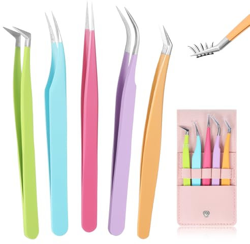 Lot de 5 pinces à épiler pour extensions de cils de haute précision droites et incurvées en acier inoxydable pour extensions de cils volumineuses pour filles, femmes, débutants