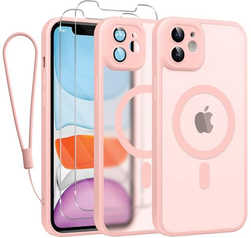 Phoona Magnétique Coque pour iPhone 11 Con Cordon, [Compatible avec MagSafe], Etui Translucide Mat Arrière Housse Fine Antichoc, Case Antirayures avec 2 Pièces Verre Trempé Étui, Rose