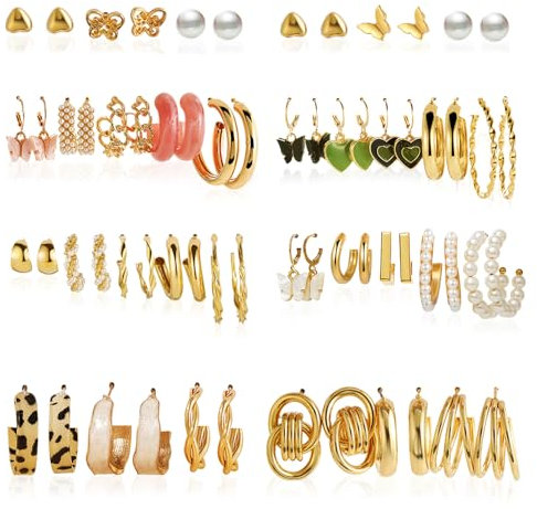 Bieiyhe 32 Paar Ohrringe Set Damen,Boho Creolen Ohrstecker,Dangle Drop Ohrringe,Statement Ohrringe,Piercing Schmuck,Knorpel Huggie,Ohrringe Perlen Mode,Hoop Earrings Kleine,Piercing Ohrstecker Set