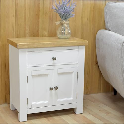 GROFurniture Small Cabinet with Drawer, Painted Storage Cabinet with Oak Top, Mini Sideboard for Livingroom or Hallway Telephone Table, Wooden Storage Cupboard, Ready Assembled Cabinets (White)