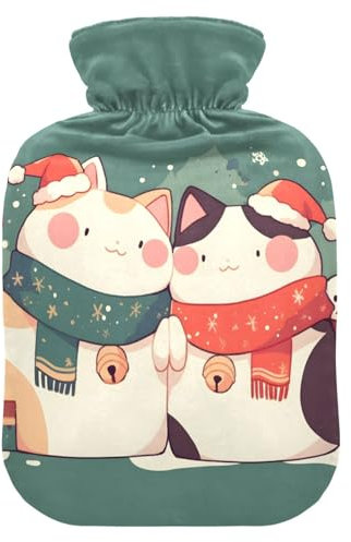 Hot Water Bottle, 2L Large Hot Water Bag with Soft Plush Cover Cat Christmas, Leak Proof Screw Plug Best for Winter Sports Outdoors Back Neck and Leg Cold Muscle Pain and Cramps