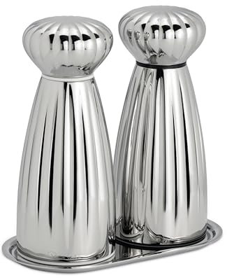 Robert Welch Palm Bright Medium Salt & Pepper Mill Set with Tray. Made from Stainless Steel. 25-Year Guarantee.