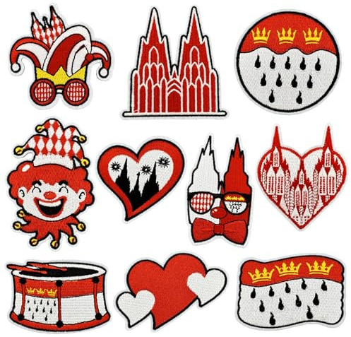 10 Stück Bügelbilder Karneval, Kölner Karneval Bügelflicken, Rot-Weiß Bestickte Applikationen zum Aufbügeln oder Annähen, Reparaturflicken für Kleidung, Hosen Bastelzubehör, Perfekt für Karnevalsdeko