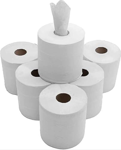 BARGAIN FACTORY White 6 X Paper Rolls - 2 Ply Embossed Centre Feed - Hand Kitchen Towel Tissue Rolls, Hygienic Fast Drying Tissue Paper