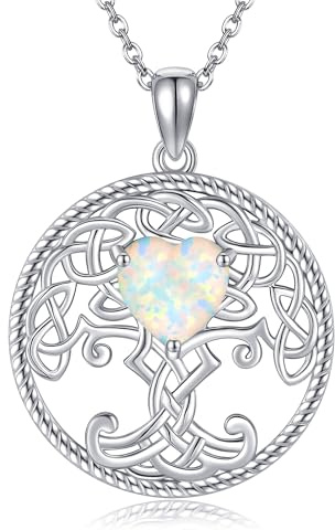 DAYLINLOVE Tree of Life Necklace 925 Sterling Silver Celtic Knot Opal Pendant Necklace Opal Jewelry Gifts for Women Men