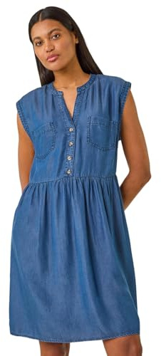 Roman Originals Denim Button Detail Gathered Dress for Women UK - Ladies Everyday Holiday Spring Summer Notch Neckline Comfy Soft Evening Vacation Work Party - Denim - Size 20