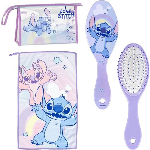 Neceser Aseo Viaje Accesorios Stitch con Peine, Toalla y Bolsa de Stitch - Neceser Aseo Stitch para Viaje o Escuela