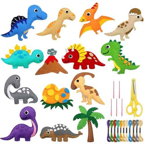 WELLXUNK Nähset, 14 Stück Tierformen Filz Nähen, Animal Sewing Kit, Filz Waldtiere Bastelset, Nähen Anfänger Pädagogische Kreativset, Nähset für DIY Art Craft für Kuscheltiere(Dinosaurier)