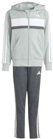 adidas Unisex - Bambini e ragazzi SEASONAL ESSENTIALS TIBERIO 3 STRIPES FLEECE TRACKSUIT, Wonder Sage/white/dark grey heather, 7-8 Years