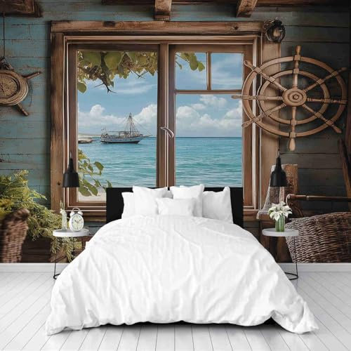 Dppyuxa Vue Maritime Fenêtre Papier Peint 3D Bleu Marine Papier Peint Panoramique Intissé 350x256 cm Décoration Murale Interieur pour Salon et Chambre Enfant