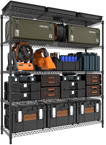 M MZG 5-Shelf Storage Unit With Height Adjustable Shelves and Levelling Feet Total Load Capacity 1498 kg Heavy Duty Rack Wire Pantry Shelves for Tool Shed, Garage Storehouse Black 45 x 150 x 178.7 cm