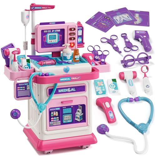 Lehoo Castle Arztkoffer Kinder, Arztwagen mit Ton & Licht, Doktorkoffer Kinder, Arztkoffer mit Stethoskop, Spielzeug ab 3 Jahre, Mädchen Geschenke 3 Jahre Medizinischer Kinderwagen(Rosa)