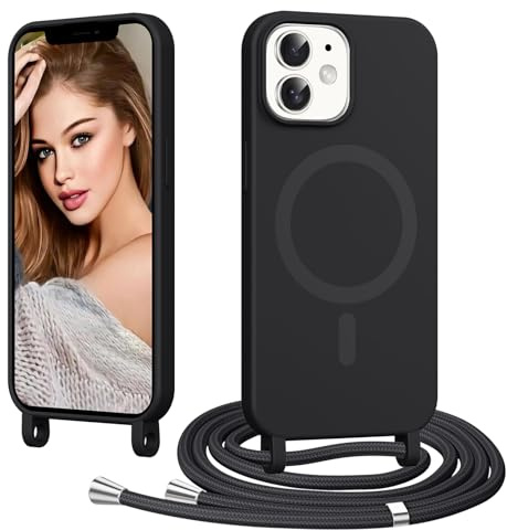 Coiwxmoi pour iPhone 12 avec Cordon, [Compatible avec MagSafe], Noir | Magnétique Coque Ultra Mince Souple TPU Silicone Étui Housse avec Collier Lanyard Lanière en Corde Case Camera Antichoc