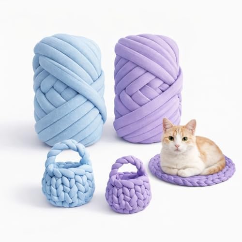 EAAGHK 2 Rotoli Filati Gigante 500g Filato Grosso Tubolare 12 m Filo Cotone Grosso Tubolare a Mano Filato Grosso Fai Da Te Lavabile Fettuccia per Borse Uncinetto, Coperta, Cestini, Cucce (Blu e Viola)
