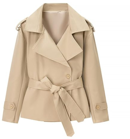 Generisch Kurzer Trenchcoat Damen Business Kurzmantel Übergang Elegant Sakko Mantel Zweireihig mit Gürtel Trench Coat Stehkragen Windjacke Leicht Jacke mit Knöpfen Übergangsjacke Einfarbige