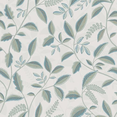 Hexoa Papier Peint Feuillage stylisé Bleu Canard et Or - Made in France - 53x1000