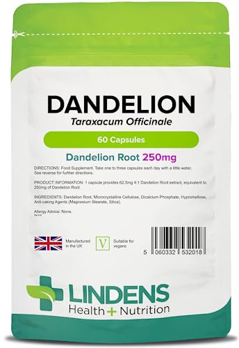 Lindens - Dandelion 250mg - 60 Capsules - UK Made - High Strength Powdered Dandelion Root, Taraxacum Officinale - Traditional Herbal Supplement - GMP - Letterbox Friendly, Vegan
