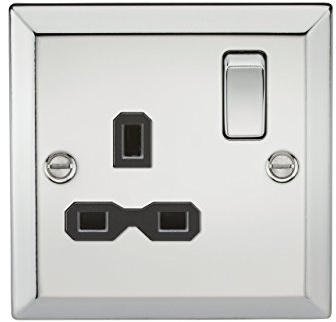 13A 1G DP Switched Socket with Black Insert - Bevelled Edge Polished Chrome