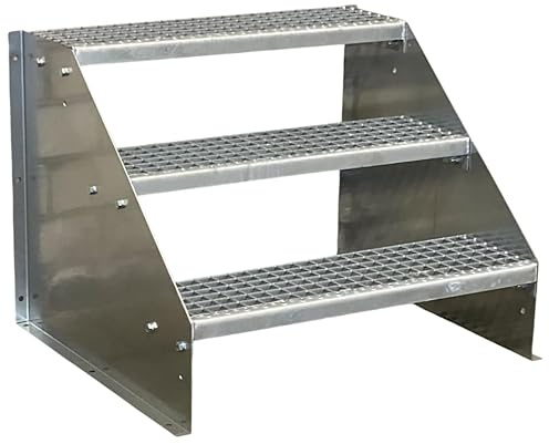 3 Stufen Standtreppe Stahltreppe freistehend Breite 110cm Höhe 63cm Verzinkt/Robuste Außentreppe/Stabile Industrietreppe für den Außenbereich