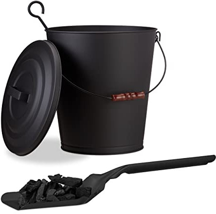 Relaxdays 2 TLG. Kaminreinigungs-Set, Ascheeimer, Kohlenschaufel, Stahl, Deckel, Henkel, Holzgriff, flach, robust, 24 L, schwarz