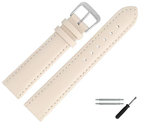 MARBURGER Uhrenarmband 20mm Leder Beige Silber Glatt Mit Naht - Montage Set 8072021000120