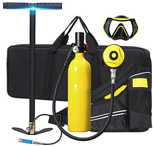 AUNLPB Scuba Tank Sauerstoffflasche Tauchen Scuba Diving Mini Tauchflasche Tragbare Tauchausrüstung Set Taucher Ausrüstung Mit Pumpe Atemfreiheit unter Wasser für 15 bis 20 Minuten,Gelb,1L