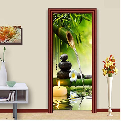 YANCONG Poster Porte Bambou Vert 3D, Spa, Esprit Zen Décoration Murale Stickers Porte 88X200Cm
