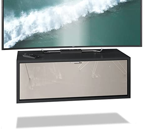 Vladon TV Board Lana 80 Hängeschrank Lowboard 80 x 29 x 37 cm, Made in Germany, Korpus in Schwarz matt, Fronten in Sandgrau Hochglanz | Große Farbauswahl