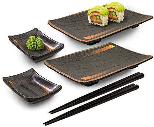 Happy Sales HSMSP-GLDBRU, Japanese Style 6 Piece Perfect Sushi Set for Two Melamine Sushi Plates Sauce Dish and Chopsticks Dinnerware Set, Gold Brush